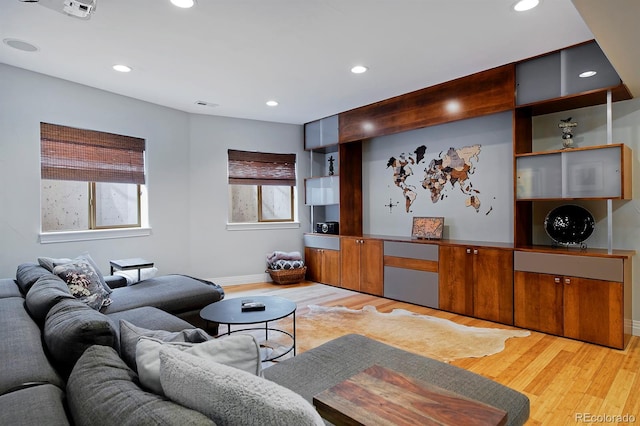 8044 E 24th Ave, Denver, CO 80238 - living room with baseboards, light wood-style flooring, and recessed lighting