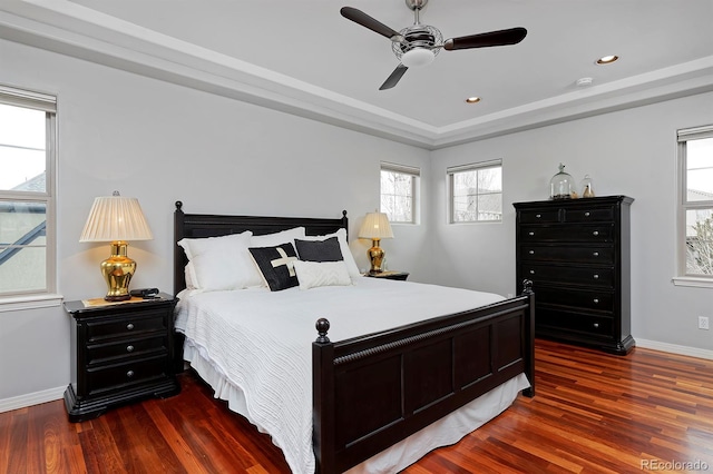 8044 E 24th Ave, Denver, CO 80238 - bedroom with wood finished floors, a raised ceiling, baseboards, recessed lighting, and a ceiling fan