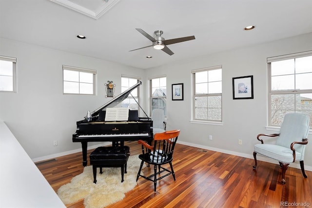 8044 E 24th Ave, Denver, CO 80238 - sitting room featuring healthy amount of natural light, ceiling fan, wood finished floors, baseboards, and recessed lighting