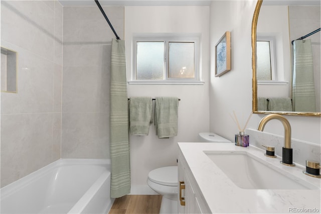 3541 Eudora St, Denver, CO 80207 - full bathroom with toilet, vanity, shower / tub combo, and wood finished floors