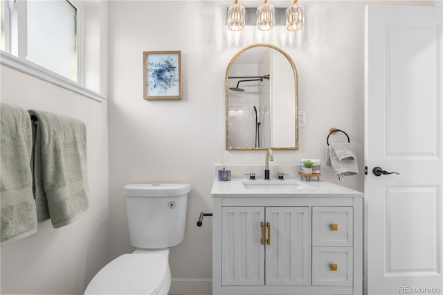 3541 Eudora St, Denver, CO 80207 - full bath with toilet, vanity, a chandelier, and a shower