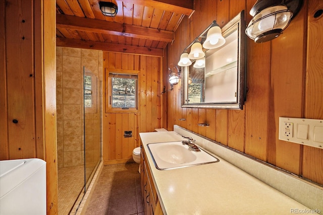 full bathroom with wood ceiling, wood walls, and toilet