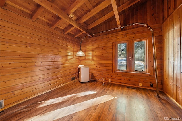 empty room with lofted ceiling with beams, hardwood / wood-style floors, wood walls, and visible vents