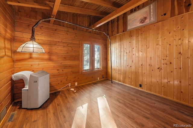 interior space featuring beamed ceiling, wood finished floors, visible vents, and wooden walls