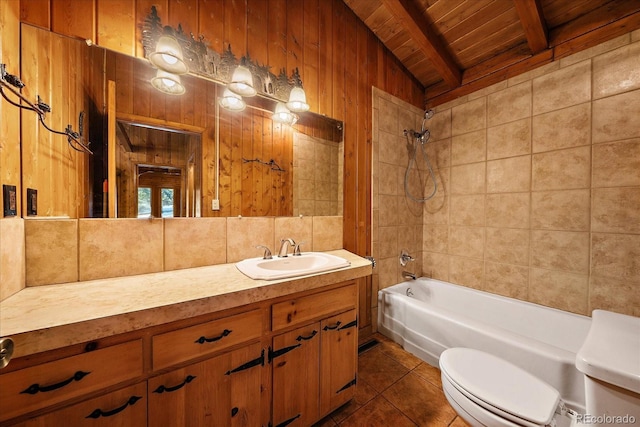 bathroom with toilet, wood ceiling, tile patterned flooring, tub / shower combination, and vanity