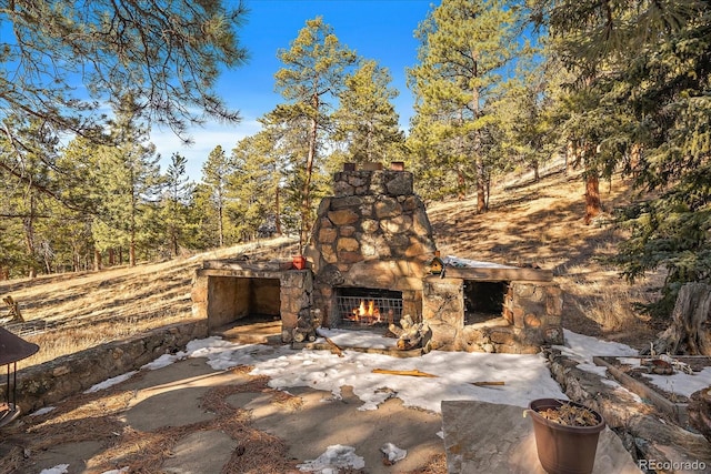 view of patio / terrace with an outdoor stone fireplace