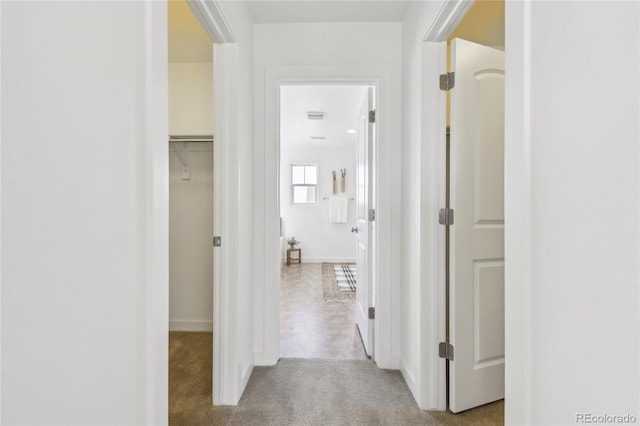 hallway featuring baseboards and carpet flooring