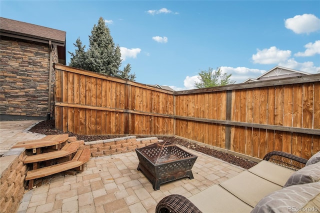 view of patio / terrace featuring a fire pit and a fenced backyard