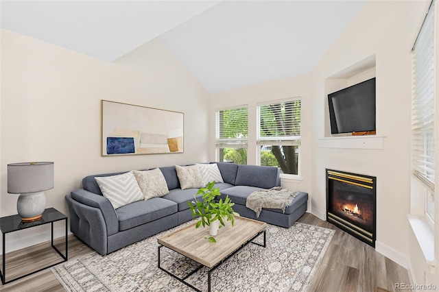 2017 N Fork Dr, Lafayette, CO 80026 - living area with lofted ceiling, wood finished floors, a glass covered fireplace, and baseboards