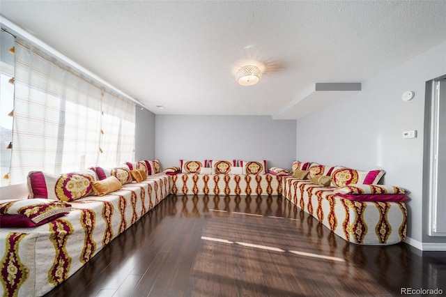 living room featuring a textured ceiling and wood-type flooring