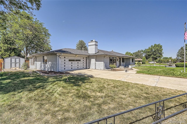 ranch-style house featuring a front lawn, a shed, and a garage