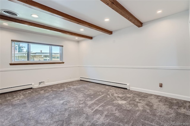 empty room featuring carpet flooring, baseboard heating, and beamed ceiling