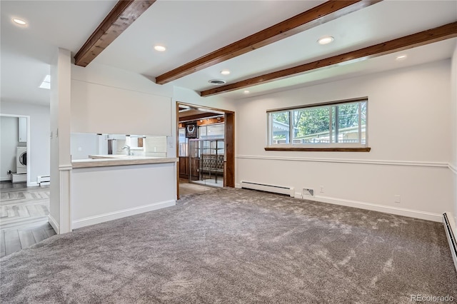 unfurnished living room featuring carpet flooring, baseboard heating, and beamed ceiling