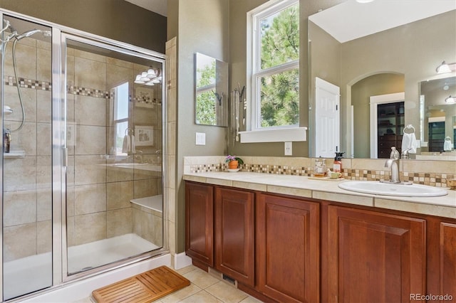 5463 Killen Ave, Castle Rock, CO 80104 - full bath featuring a shower stall, double vanity, and tile patterned floors