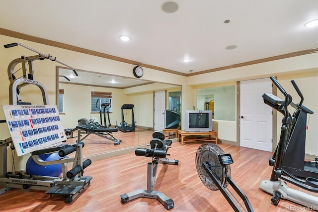 5463 Killen Ave, Castle Rock, CO 80104 - exercise area featuring ornamental molding, wood finished floors, and recessed lighting