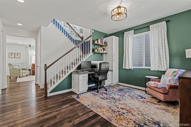 home office featuring an inviting chandelier, baseboards, dark wood-type flooring, and recessed lighting