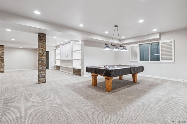 rec room with ornate columns, light carpet, and pool table