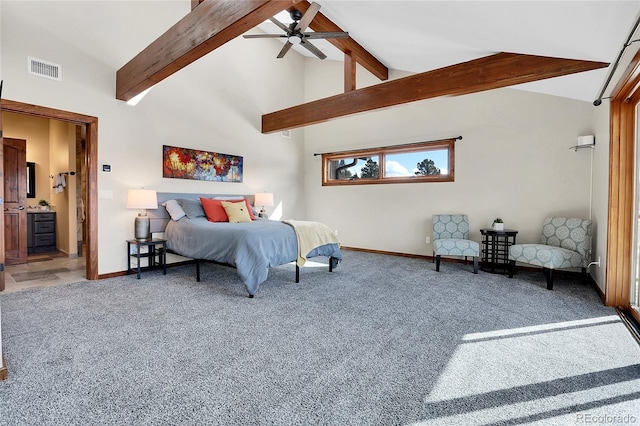 carpeted bedroom featuring high vaulted ceiling, beam ceiling, visible vents, and baseboards