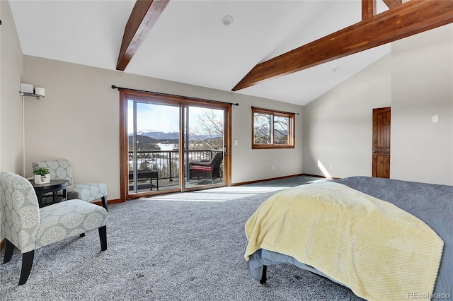 carpeted bedroom with baseboards, beamed ceiling, a mountain view, and access to exterior