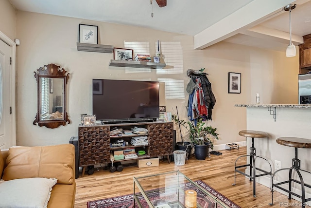 2838 Decatur St, Denver, CO 80211 - living room featuring wood finished floors, ceiling fan, and baseboards