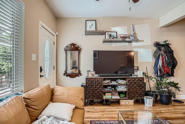 2838 Decatur St, Denver, CO 80211 - living room featuring wood finished floors and a ceiling fan