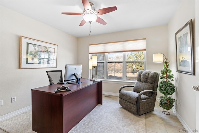 tiled office space with ceiling fan