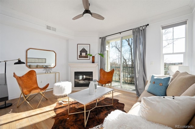 living room with crown molding, ceiling fan, wood-type flooring, and a textured ceiling