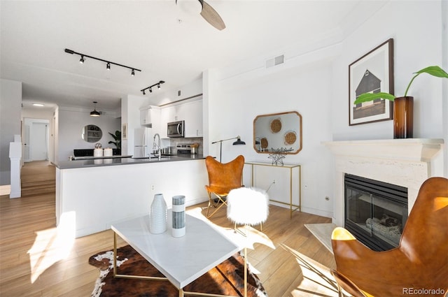 living room featuring ceiling fan, sink, and light hardwood / wood-style flooring