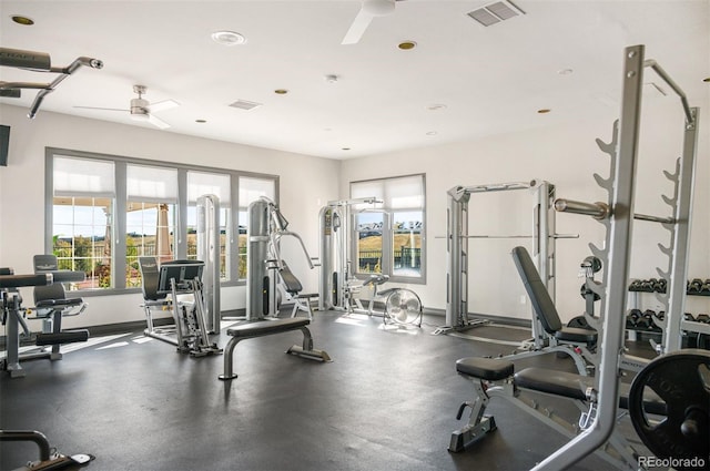 exercise room featuring ceiling fan