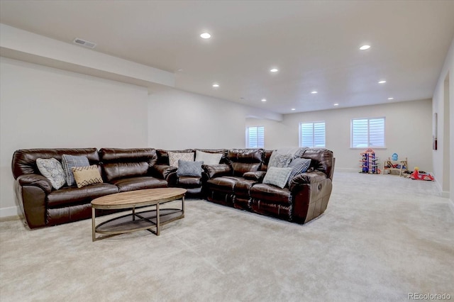 living room featuring light colored carpet