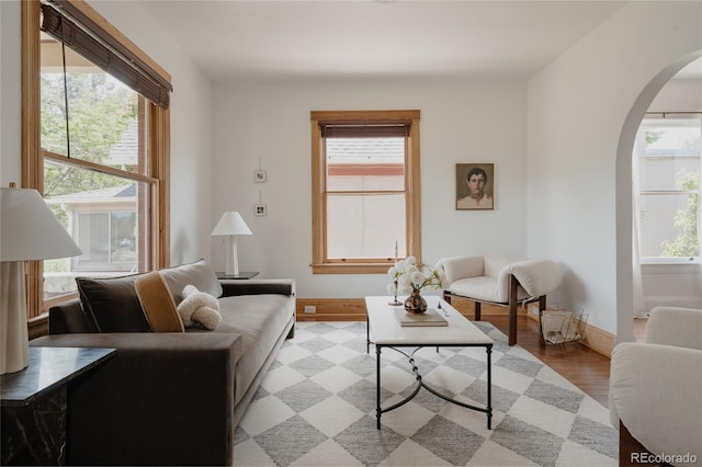 461 S Sherman St, Denver, CO 80209 - living room featuring arched walkways, plenty of natural light, and light wood finished floors