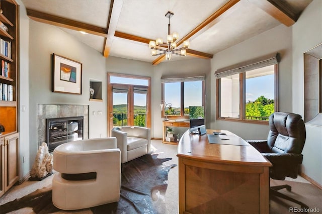 16134 Sandstone Dr, Morrison, CO 80465 - office area with beam ceiling, plenty of natural light, a chandelier, a fireplace, and carpet floors
