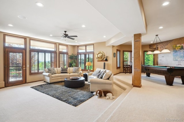 16134 Sandstone Dr, Morrison, CO 80465 - living room featuring carpet, recessed lighting, billiards table, and ceiling fan