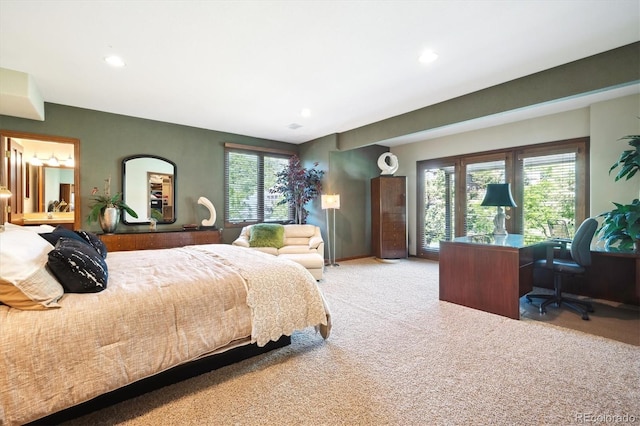 16134 Sandstone Dr, Morrison, CO 80465 - bedroom with light colored carpet, an office area, recessed lighting, and multiple windows