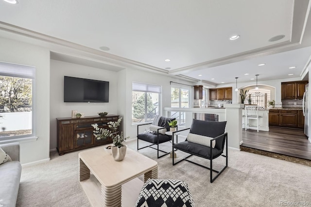 living area featuring baseboards, light carpet, recessed lighting, and a raised ceiling
