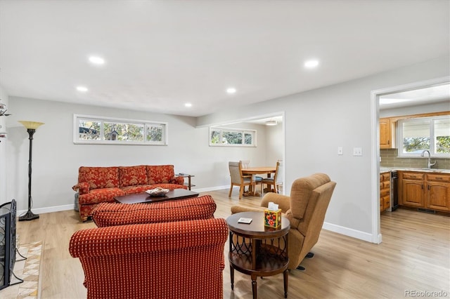 living room featuring light hardwood / wood-style floors and sink