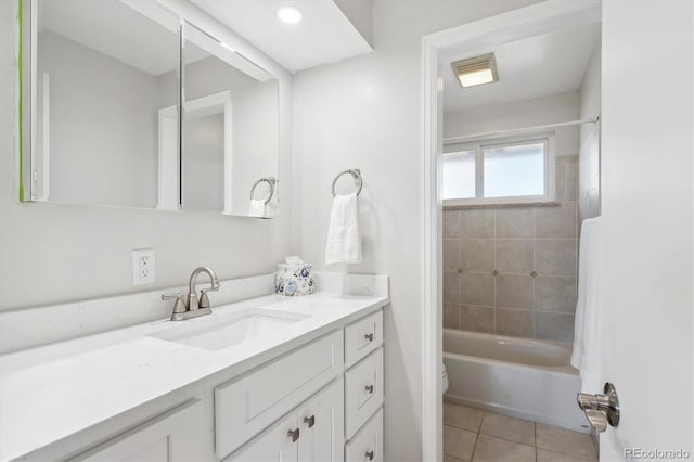 full bathroom featuring shower / bathtub combination with curtain, tile patterned flooring, vanity, and toilet