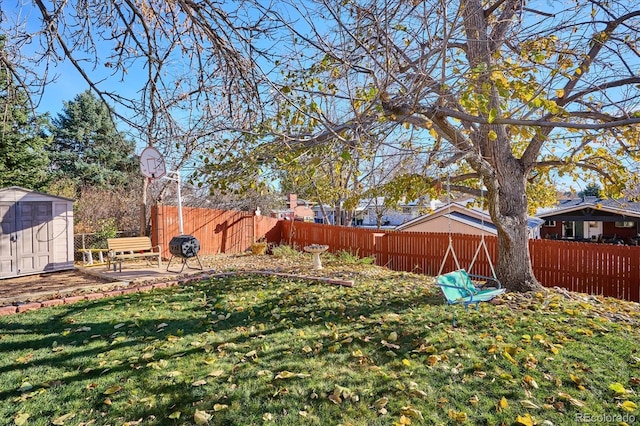 view of yard with a patio area and a storage unit