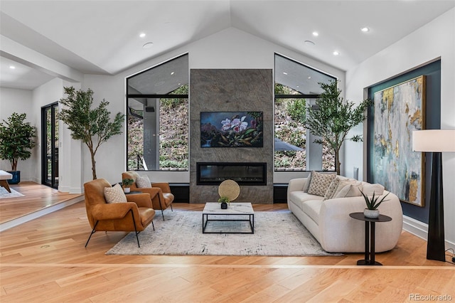 living room featuring a wealth of natural light, a large fireplace, and light hardwood / wood-style floors