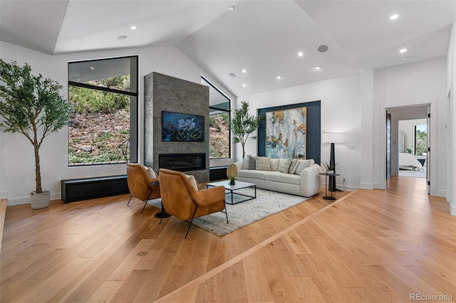 living room with a fireplace, light hardwood / wood-style floors, and high vaulted ceiling