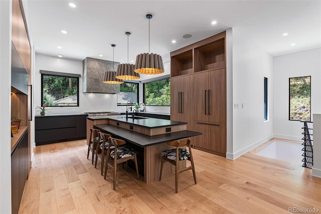 kitchen with light hardwood / wood-style flooring, hanging light fixtures, a center island with sink, and plenty of natural light