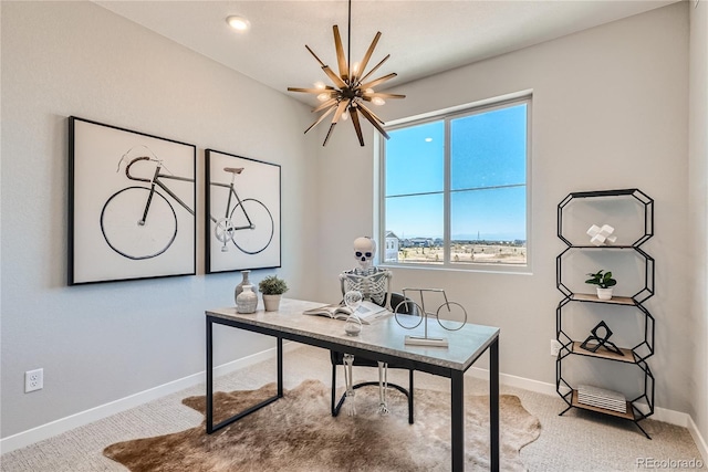 carpeted office featuring a notable chandelier and a healthy amount of sunlight