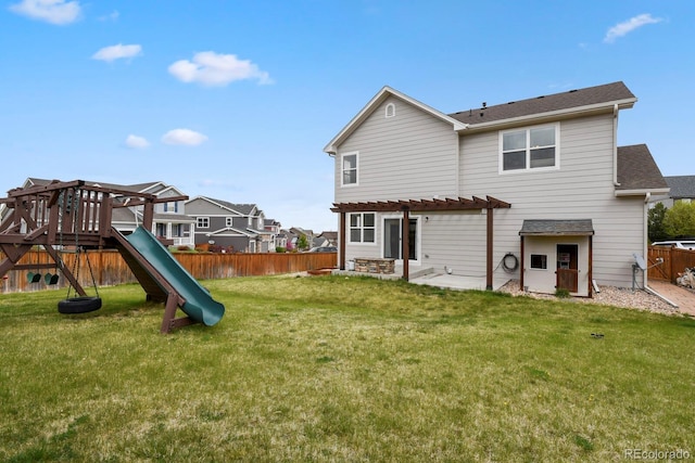back of house with a patio, a playground, a pergola, fence, and a lawn