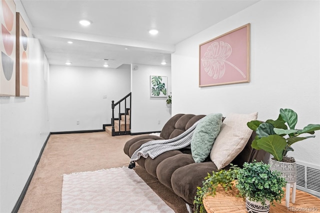 3275 W Hawthorne Pl, Denver, CO 80221 - living room featuring stairway, carpet flooring, and recessed lighting