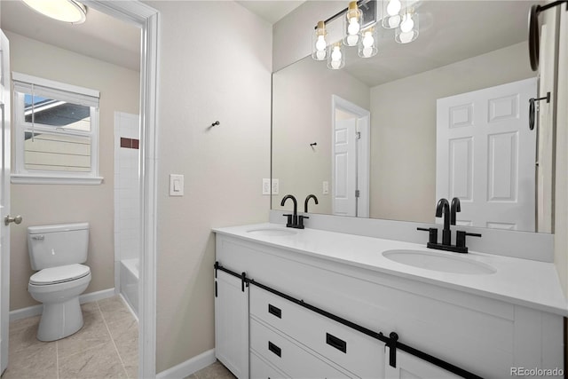 full bathroom with vanity, tile patterned floors, toilet, and shower / bath combination