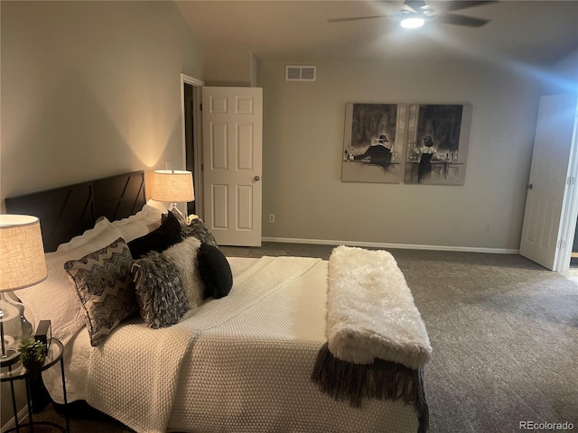 bedroom with vaulted ceiling, carpet, and ceiling fan