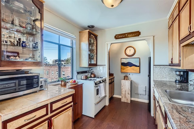 kitchen featuring white gas stove, dark wood-style flooring, crown molding, and a sink