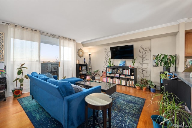 living room with ornamental molding and wood-type flooring