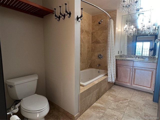 925 N Lincoln St Unit 14C, Denver, CO 80203 - bathroom with a chandelier, toilet, tiled shower / bath, and vanity