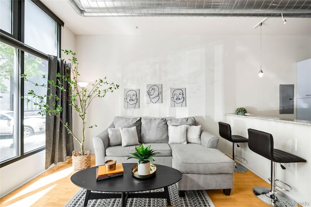 living area featuring track lighting, wood finished floors, and electric panel